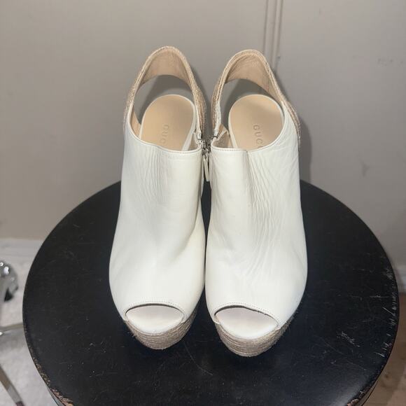 Authentic GUCCI Cream Leather Raffia Jute Wedge Heel Slingback Sandals EU 37.5 - Picture 2 of 11